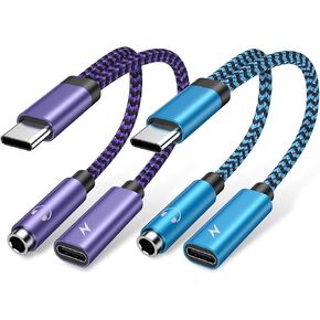 2 Pack Headphone Adapter to USB C 60W Super Fast Samsung Charger Cable for Galaxy S25 Ultra S25 Plus S24 A16 5G A35 A54 S23 S22 S21 FE A53 S20, 2 in 1 Type C 3.5mm Aux Audio Jack Android Dongle Cord