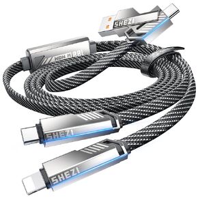 SHEZI Multi 4-in-1 USB C Cable [90W Fast Charging & Data Sync] Flat Nylon Braided Multiple Charger Cord with L/Type C/USB A Ports for iPhone Samsung-5ft