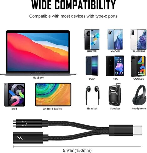 محول سماعة رأس USB C إلى 3.5 مم وكابل الشاحن ، 2 في 1 من النوع C إلى 3.5 ملم Aux Aux Audio Audio Adapter ، USB C PD شحن سلك دونجل لشركة Samsung Galaxy S24 S23 Ultra ، A54 ، A53 ، A14 ، S22 ، S20 ، S20 ، S20 ، S20 S10 ، بكسل 7 in Kuwait