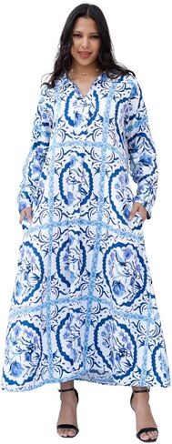Long Sleeve Boho Maxi Dress for Women's - Casual Long Sleeve Dresses, Floral Print V-Neck Summer Dress Flowy Beach Clothes in Saudi Arabia