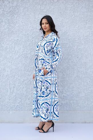 Long Sleeve Boho Maxi Dress for Women's - Casual Long Sleeve Dresses, Floral Print V-Neck Summer Dress Flowy Beach Clothes in Saudi Arabia