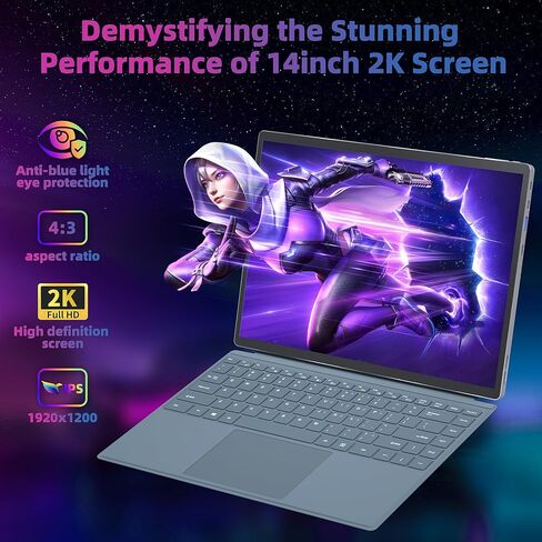 【Win 11 Pro/MS Office 2019】 2 in 1 Laptop Tablet 14 Inch Touchscreen Laptop, 16GB LPDDR5 1TB NVMe SSD, Alder Lake N95 CPU,2K IPS FHD(1920x1200) Display, 2.4G+5G WiFi,BT5.0,Type-C(16G+1TB) in Kuwait