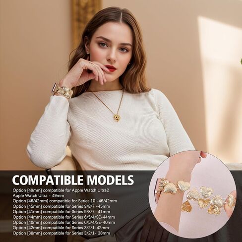 VIQIV Compatible with Apple Watch Bands Series 10 46/42mm, Ultra 2 49mm, 9/8/7 45/41mm, SE/SE2/6/5/4 40/44mm, 3/2/1 38/42mm, Dressy Fancy Heart-Shaped Metal Strap Wristband for Women iWatch Bands in Saudi Arabia