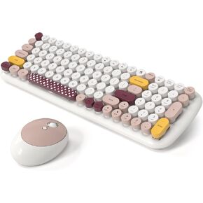 Wireless Keyboard and Mouse Combo, MOWUX - Modern Compact Layout, Colorful Compact Candy Mouse and Retro Round Keyboard Set with Cover, for PC/Laptop/Windows/Mac - Off-White Colorful