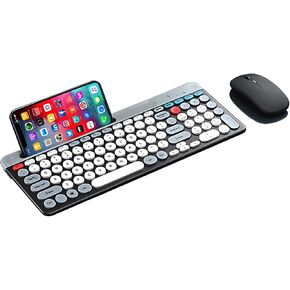 Wireless Keyboard and Mouse Combo with Phone Tablet Holder, Rechargeable Dual-Mode (Bluetooth 5.0 and 3.0 +2.4G) Multi-Device Silent Mouse for Windows, iPad, Tablet, MacOS,iOS,Android (White+Grey)