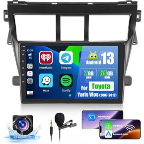Car Radio for Toyota Yaris Vios 2007 2008 2009 2010 2011 2012, Car Stereo Wireless Carplay Android Auto, Android 13 System, 2+64GB, 9 Inch Touch Screen Bluetooth Car Radio GPS WiFi SWC Backup Camera