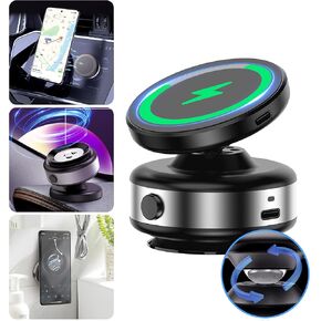 Foluu Wireless Charger Car Magnetic Phone Holder, 360° Rotatable Car Navigation Holder, Double-Sided Magnetic & Vacuum Adsorption, for Windshield, Dashboard, Kitchen, Bedroom, Office
