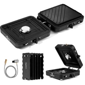 2 Burner Propane Camping Stove with Carrying Bag, Foldable Camping Stove Propane with Grill, Portable Folding Gas Stove with 17,200 BTU Adjustable Burners, Backpacking Camp Stove for BBQ