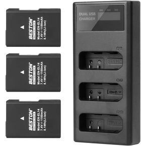 3-Pack EN-EL14 / EN-EL14a Battery Packs and Rapid USB Charger for Nikon D3100 D3200 D3300 D3400 D3500 D5100 D5200 D5300 D5500 D5600 DF Coolpix P7000 P7100 P7700 P7800 Cameras