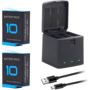 2-Pack Hero 10 Batteries for GoPro Hero 12, Hero 11, Hero 10, Hero 9 Black Sport Action Camera with 3 Channel Battery Charging Station Power Fast Portable Accessory High Capacity