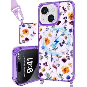 Likiyami for iPhone 15 Case - Compatible with MagSafe Women Girls Girly Crossbody 15 Case with Strap Lanyard Watercolor Flower Cute Aesthetic Fashion Design for Phone Case Cover Funda