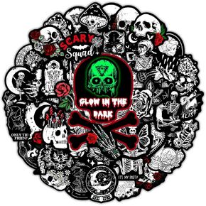 50PCS Glow in The Dark Cool Gothic Skull Water Bottle Stickers, Black and White Skeleton Sticker for Adults, Waterproof Vinyl Laptop Decals, Phone Case Car Skateboard Luggage Scrapbook Decoration