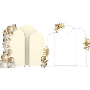 Arch Backdrop Stand and Cover Set(7.3FT,6.6FT,6FT) Metal Balloon Arch Stand Frame for Wedding Birthday, Party, Baby Shower, Graduation Ceremony,Valentine's Day, Beige
