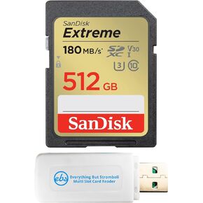 Sandisk 512GB Extreme V30 CLASS 10 CARME SERVERS 4K تسجيل الفيديو وتصوير وضع التصوير الفوتوغرافي (SDSDXVV-512G-GNCIN) مع 1 كل شيء ما عدا قارئ بطاقة STROMBOLI SDXC