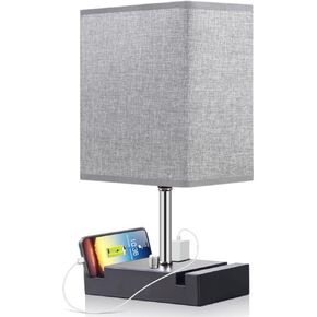 Fully Dimmable Nightstand Lamp for Bedroom with AC Outlet, Table Lamp with Two Phone Stands, Bedside Lamps, Desk Lamp for Bedroom, Living Room, LED Bulb Included Grey