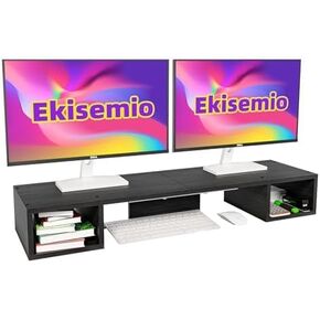 Dual Monitor Riser for Desk 2 Monitor, Wood Computer Monitor Stand with Side Storage Space for TV, Laptop, Black