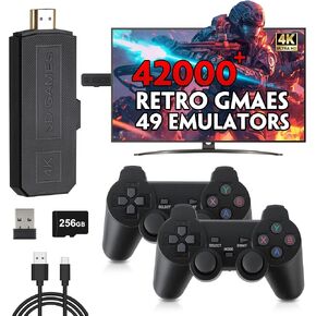 Wireless Retro Game Console Stick, 4K Plug & Play TV Video Game Stick, Pre-Installed 42,000+ Games, 49 Emulators, 256GB Memory Card, with Dual 2.4G Wireless Controllers, HDMI Output