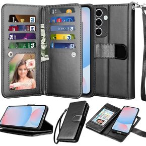 Njjex Wallet Case for Samsung Galaxy S24 FE 5G, for Samsung S24 FE 5G Case, [9 Card Slots] PU Leather ID Credit Card Holder Folio Flip [Detachable] Kickstand Magnetic Phone Cover & Lanyard [Black]