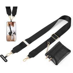 Clip and Go Strap for Phone with Wallet Crossbody, Detachable Phone Lanyard Crossbody with Zippered Pouch, Adjustable Cell Phone Strap for iPhone 16 and Most Smartphones, Black