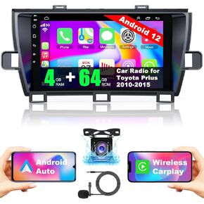 [4+64G] Android 12 Car Stereo for Toyota Prius 2010-2015 Support Wireless Carplay&Android Auto, 9 inch IPS Touchscreen Prius Radio with GPS, WiFi, FM Radio+HD Backup Camera+MIC