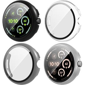 Suoman 4-Pack for Google Pixel Watch 3 45mm Case, HD Tempered Glass Screen Protector, All-Round PC Glossy Protective Cover Bumper（Black+Black+Black+Black）