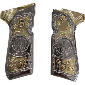 Metal Grips for Beretta 92/96 Full Size, 92 fs, m9, 92a1, 92 INOX, Scroll Design Nickel Gold Plated, Gun Grips Screws Included