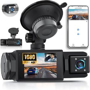 3 Channel Dash Cam Front and Rear Inside, 2.0" 1080P Dash Camera for Cars Three Way Triple Car Camera with APP Control,Super Night Vision,Loop Recording,G-Sensor,Parking Assistance,24H Parking Monitor