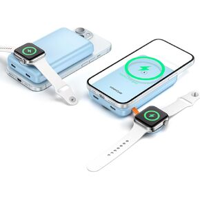 Magnetic iPhone and iWatch Charger 2 in 1 10000mAh Magnetic Wireless Portable Charger for Apple Watch and iPhone 16 15 14 13 12 Series Power Bank 20W PD Fast Charging via USB C