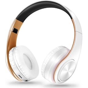 Bluetooth Headset Stereo Sound Computer Headset for Gaming Meetings Chat- Comfortable Over-Ear PC Headphones with Mic/Soft Earmuffs/Foldable/SD/TF 3.5 Jack for Universal Connectivity (white gold)