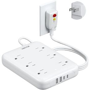 2 Prong GFCI Power Strip, VINTAR 2 Prong to 3 Prong GFCI Plug Adapter, 6ft Extension Cord with 6 Outlets & 4 USB(2 USB-C), 1050J Surge Protector, Polarized Plug Wall Mount for Non-Grounded Outlet