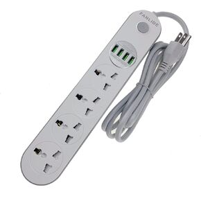 Universal Power Strip with USB Ports, FANLIDE Extension Cord with Multiple outlets, 4 Outlets 4 Smart USB, 6.5ft Power Cord, 2500W Circuit Breaker, Child Safe Door, fit for Cruise Ship, Dorm Room