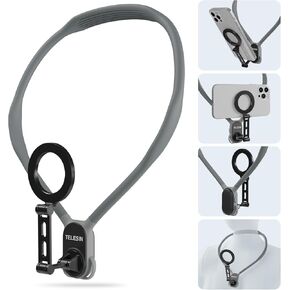 Max Magnetic Neck Mount for Phones, POV/Vlog Neck Phone Holder w Fixing Chest Strap Selfie Mount Hand Free Phone Neck Holder Stand Video Recording for iPhone Android Phones (Gray)