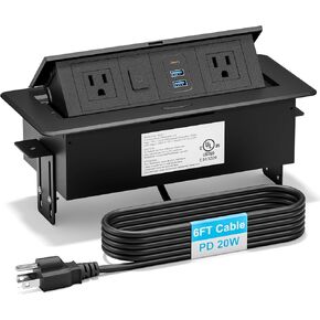 Recessed Power Strip with 2 AC, 2 USB-A, USB-C Ports, Pop Up Power Outlet with PD 20W USB C Fast Charger, Receptacle Outlet with Switch and 6FT Power Cord for Conference Office Countertop, UL Listed