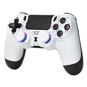 Mone SpiderX W-200 Wireless Gaming Controller for PS4, PS4 Pro, PS4 Slim & PC, White Spider Design with RGB Lighting, Hall Effect Joystick, Type-C Charging, Dual Vibration, 6-Axis Gyro, Touchpad & Headphone Jack