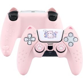 GeekShare Cute Cat Paw PS5 Controller Skin Set Anti-Slip Silicone Protective Cover Skin Case for PS5 Wireless Controller with 2 Thumb Grip Caps and 1 Sticker (Pink)