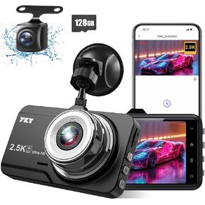 YKT 2.5K Dash Camera for Cars, 1440P+1080P QHD Car Camera WiFi Dash Cam Front and Rear with 128GB Card, 3" IPS Display, Night Vision, WDR, 170°Wide Angle, Loop Recording, G-Sensor, 24H Parking Mode