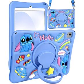 for iPad 5th/6th Gen, for iPad Air 1st/2nd Gen, for iPad Pro 9.7 '' Case - Cute Cartoon 3D for Women Girls Girly Soft Silicone Kickstand Case for iPad 5/6, Air 1/2, Pro 9.7 with String, Blue