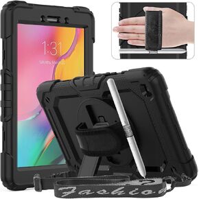 Timecity Case for Samsung Galaxy Tab A 8.0 2019 SM-T290/ T295/ T297, Full-Body Drop-Proof Protection Sturdy Case with Screen Protector Swivel Stand/Handle Shoulder Strap Case for Kids Students, Black