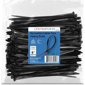 Heavy Duty 8 inch Black Zip Ties - 500 Pack - 40lbs Tensile Strength - Cable Ties Outdoor Premium Plastic Self-Locking Black Nylon Wire Ties by CENTROPOWER