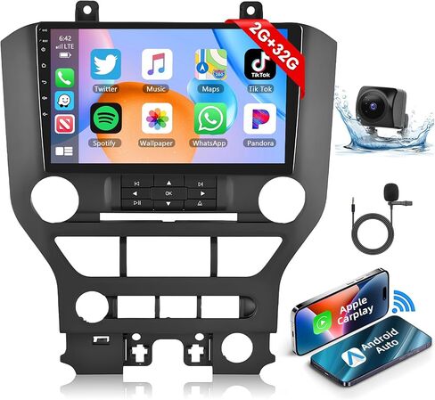 Podofo 2+32G Car Stereo for Ford Mustang 2015-2020(Adapts to 3 Buttons Only) with Wireless Apple Carplay Android Auto,9" Touchscreen Car Radio with Bluetooth,GPS,WiFi,SWC,FM&RDS+AHD Backup Camera+MIC in Saudi Arabia