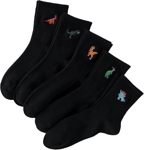 WDIRARA Men's 5 Pairs Dinosaur Embroidered Crew Socks Casual Cartoon Print Crew Socks in Saudi Arabia