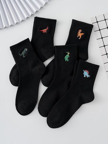 WDIRARA Men's 5 Pairs Dinosaur Embroidered Crew Socks Casual Cartoon Print Crew Socks in Saudi Arabia