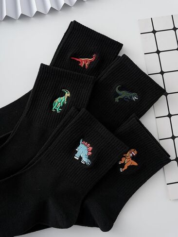 WDIRARA Men's 5 Pairs Dinosaur Embroidered Crew Socks Casual Cartoon Print Crew Socks in Saudi Arabia