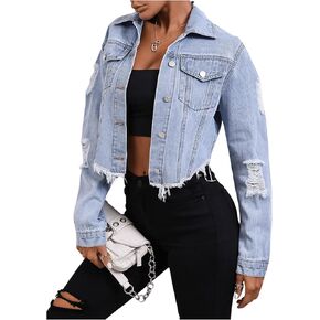 MakeMeChic Women's Casual Long Sleeve Raw Hem Jean Jacket Button Down Crop Denim Jacket