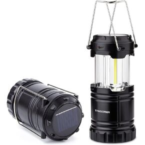 TANSOREN Solar USB Rechargeable COB LED 3 AA Power Camping Lantern with Magnetic Base, Charging for Android, Waterproof Collapsible Emergency LED Light(2 Pack)