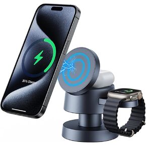 3 in 1 Wireless Charging Station for Apple, Magnetic Charger Stand 15W Fast Mag-Safe Charger Stand for iPhone 16 15 14 13 12 Apple Watch AirPods, Adjustable Angle with Night-Lamp