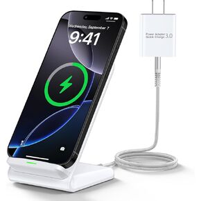 15W محطة شحن لاسلكية متوافقة مع iPhone 16 15 15 Plus 15 Pro Max 14 13 12 AirPods ، حامل الشحن السريع مع محول QC لـ Samsung S24 S23 S22 S21 ، Google Pixel 9 Pro 8
