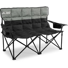 Oversized Fully Padded Double Camping Chair, Portable Folding Loveseat w/Side & Back Pockets, Adjustable Armrests, Double-Sized Cup Holders for Outdoor, Indoor, Supports 530LBS, Black
