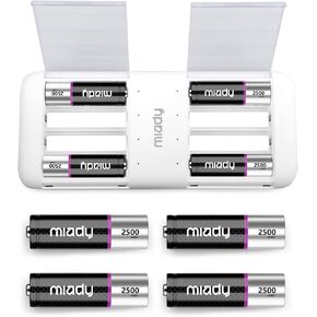 Miady 8-Pack Rechargeable Lithium AA Batteries with Fast Charger, 2500mWh 1.5V High-Power Lithium AA Batteries, Low Self-Discharge