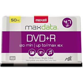 Maxell 639013 DVD+R Discs, 4.7GB, 16x, Spindle, Silver, 50/Pack